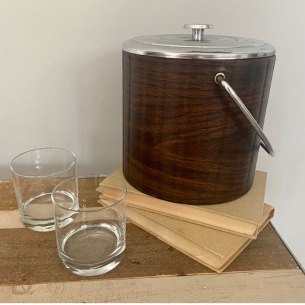 Vintage Ice Bucket Mid Century Modern Brown Quilted & Silver Lid Cover MCM Bar